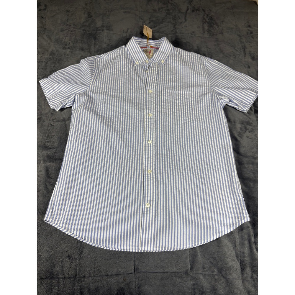 Relwen Mens Large Blue White Striped Seersucker Short Sleeve Button Down Shirt